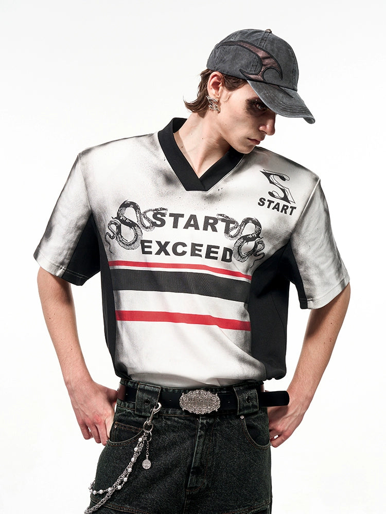 V-Neck Letter Snake Print Shoulder-pad Short Sleeve T-Shirt WN16556