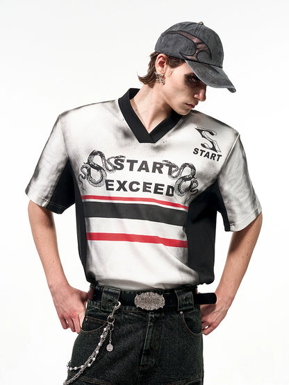 V-Neck Letter Snake Print Shoulder-pad Short Sleeve T-Shirt WN16556