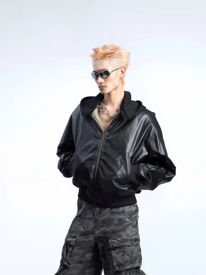 Fake Layered Reversible Hooded PU Leather Jacket WN20633