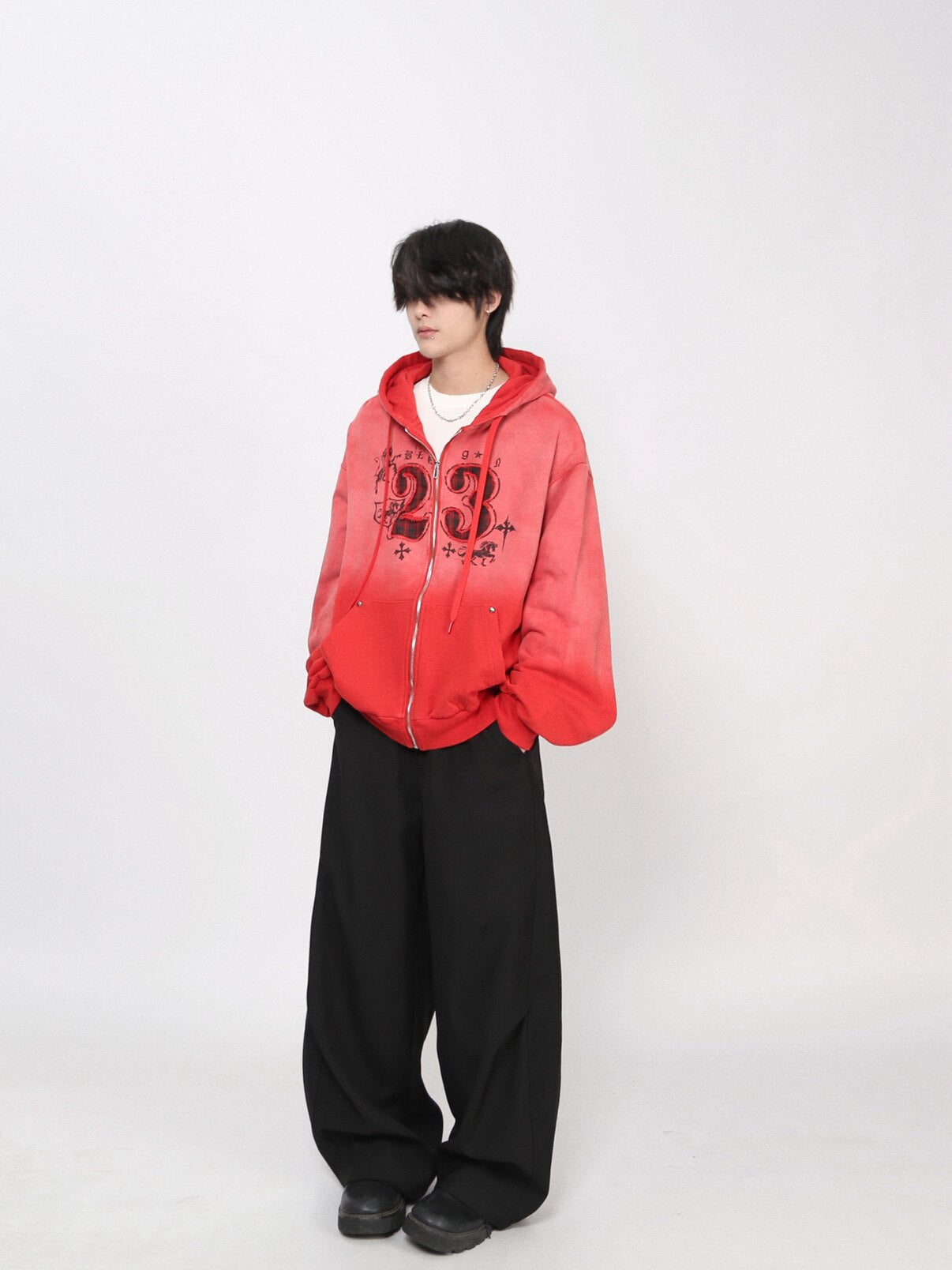 Gradient Embroidery Damage Zipper Hoodie WN24475