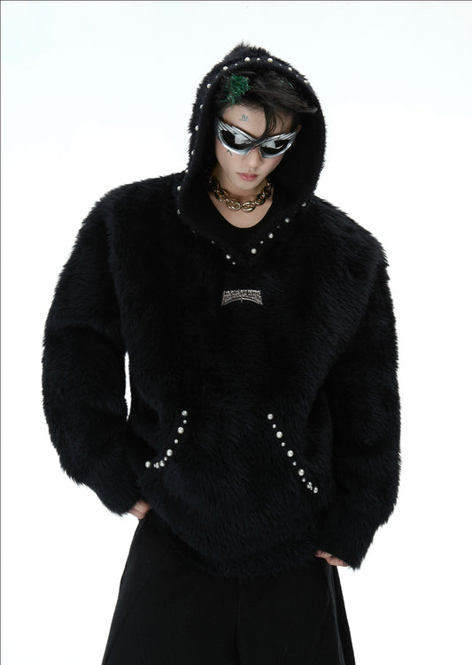 Pearl-Embellished Furry Hooded Knit Sweater WN11614