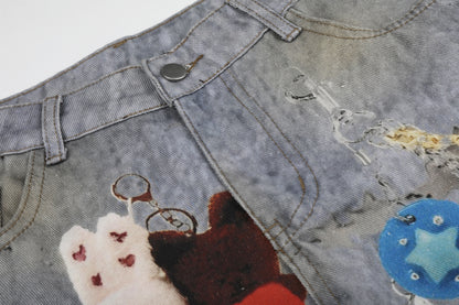 Washed Damage Embroidery Wide Leg Denim Jeans WN25388