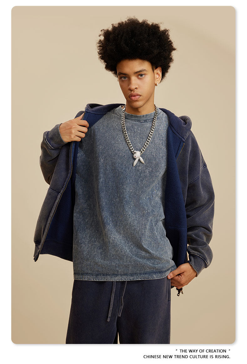 Oversize Fleece Lining Washed Zipper Hoodie & Pullover Hoodie & Pants Setup WN9925