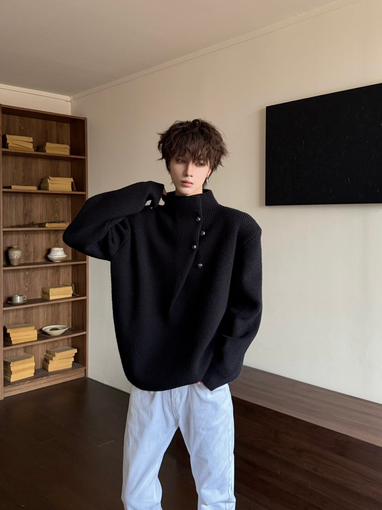 Korean Style High-Neck Button Oversize Knit Sweater WN23184