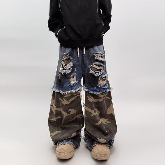 Camouflage Ripped Wide Leg Denim Jeans WN23993