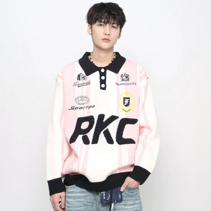 Badge Embroidery Polo Collar Knit Sweater WN21045