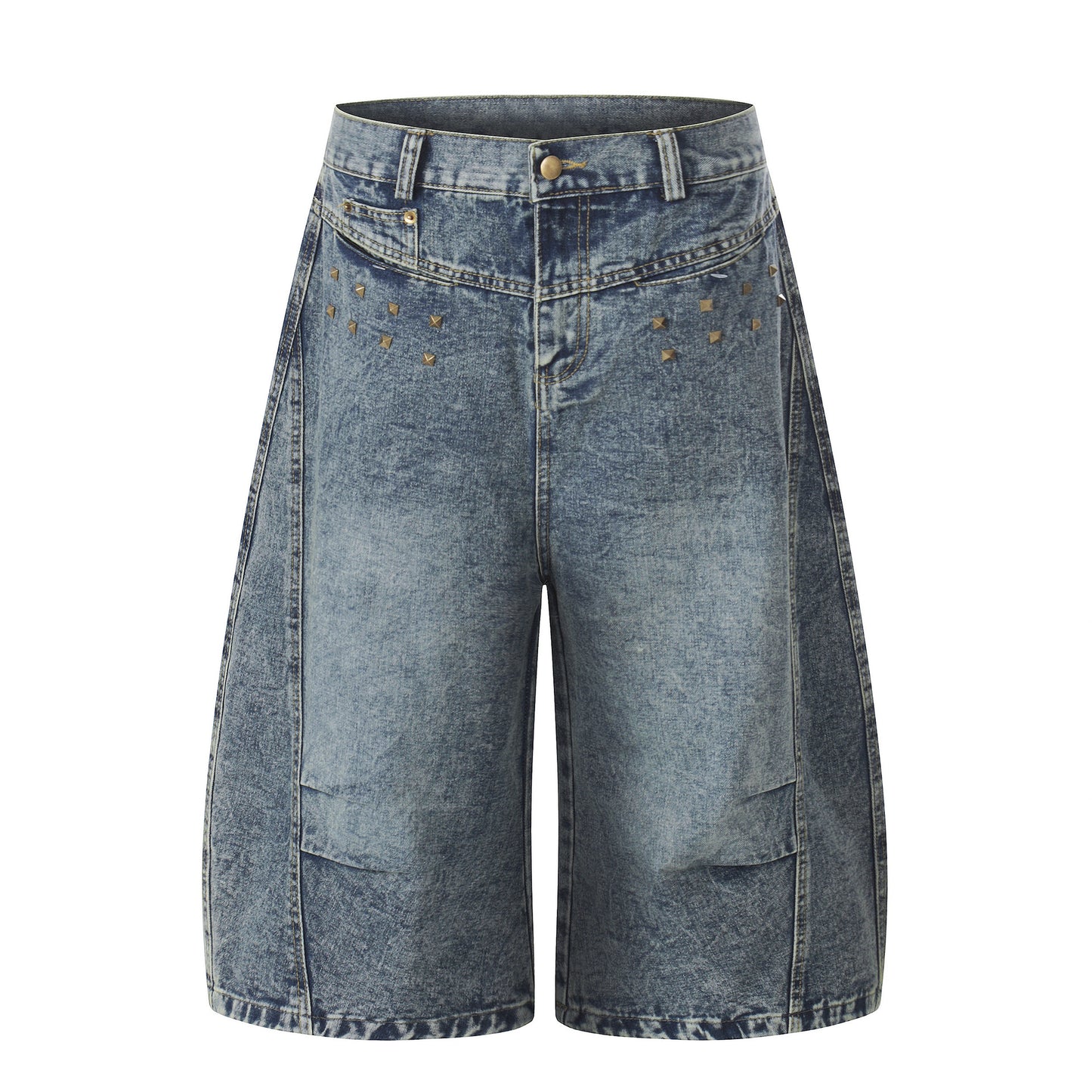 Washed Studs Panel Cropped Denim Half Jeans WN25766