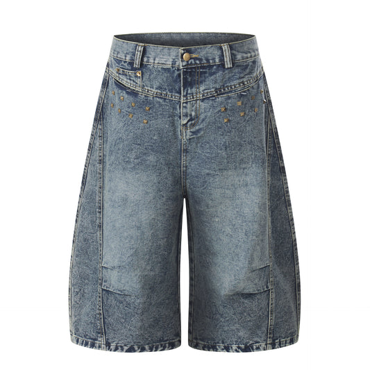 Washed Studs Panel Cropped Denim Half Jeans WN25766