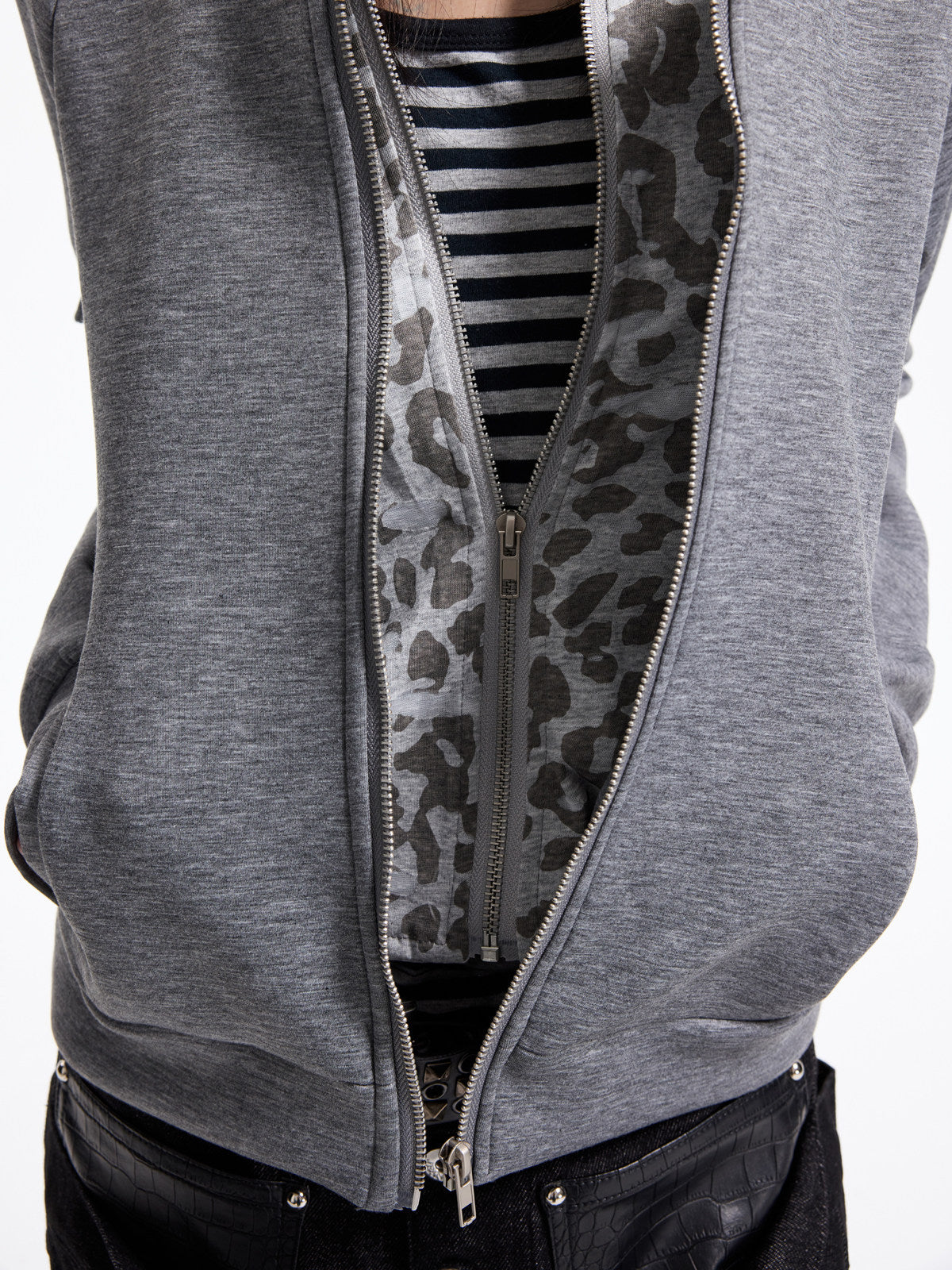 Fake Layered Double Placket Leopard Lining Zipper Hoodie WN27342