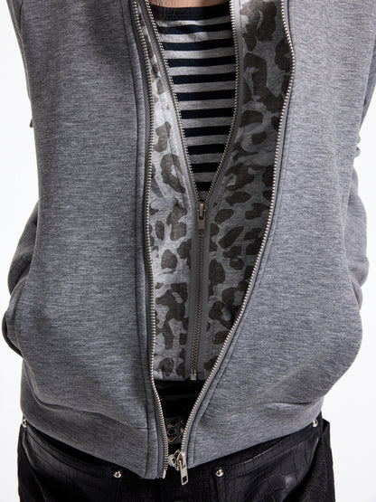 Fake Layered Double Placket Leopard Lining Zipper Hoodie WN27342