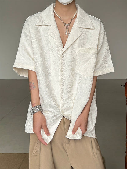 Jacquard Embroidery Embossed Cuban Collar Short Sleeve Shirt WN20026