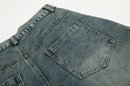Washed Leopard Panel Curved Denim Jeans WN25514