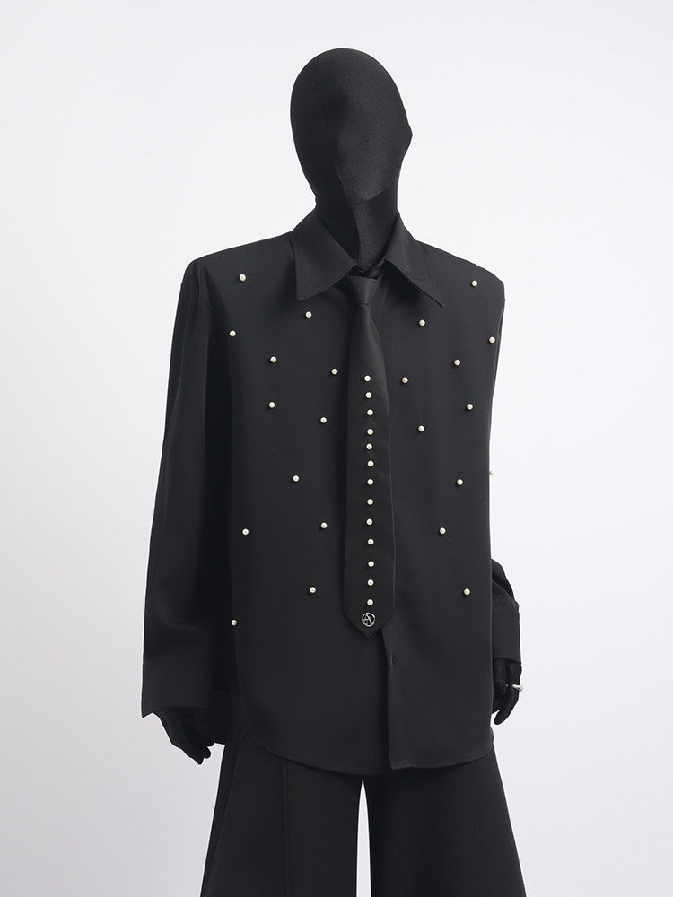 Stud Bead Tie-Neck Oversize Long Sleeve Shirt WN23659