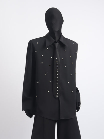 Stud Bead Tie-Neck Oversize Long Sleeve Shirt WN23659