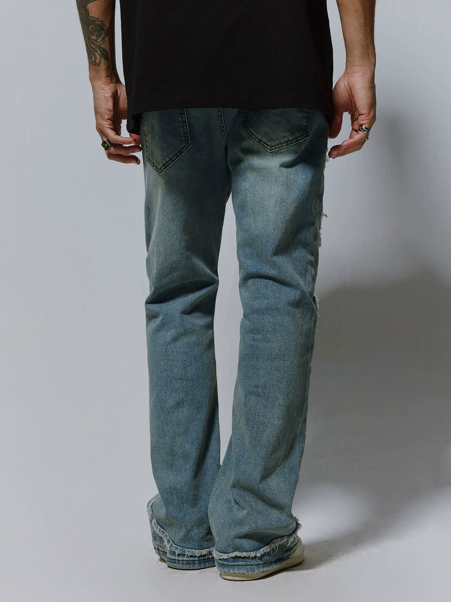 Raw Hem Seam Flare Washed Wide-Leg Straight Denim Jeans WN17611