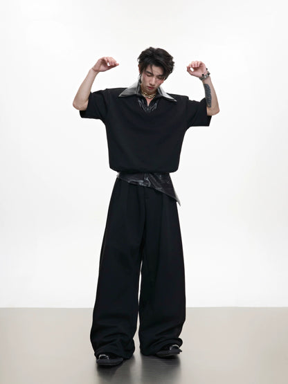 Glossy Double Collar Fake Layered Short Sleeve T-Shirt & Wide Leg Pants Setup WN18371