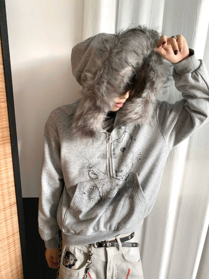 Half-Zip Fake Fur-Collar Art Print Hoodie WN22207