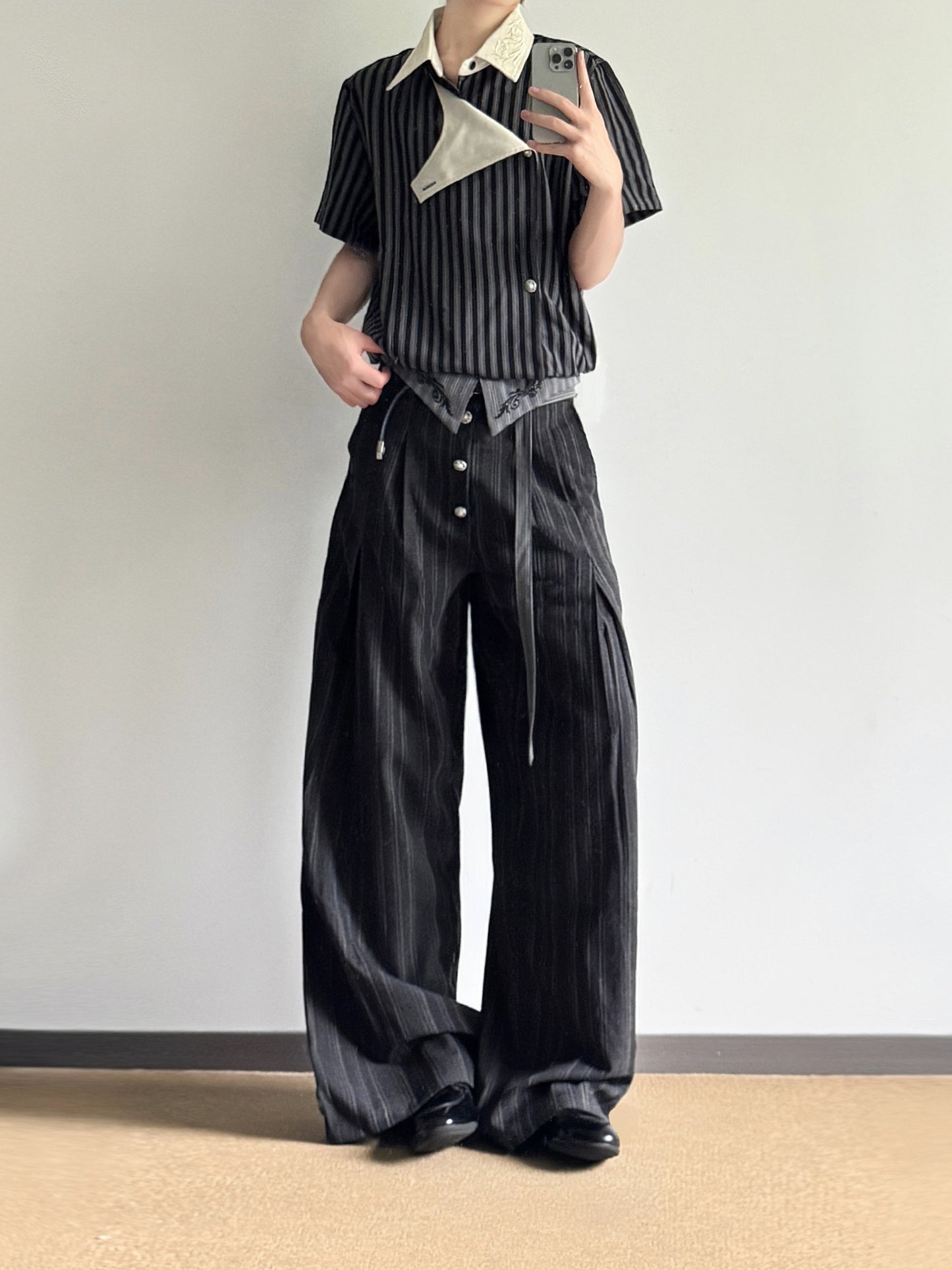 Deconstructed Stripe Embroidery Short Sleeve Shirt & Wide Leg Pants Setup WN27012