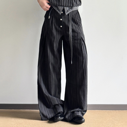Deconstructed Stripe Embroidery Short Sleeve Shirt & Wide Leg Pants Setup WN27012