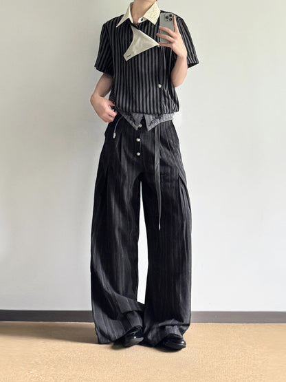 High-Waist Stripe Ribbon Wide Leg Pants WN27013