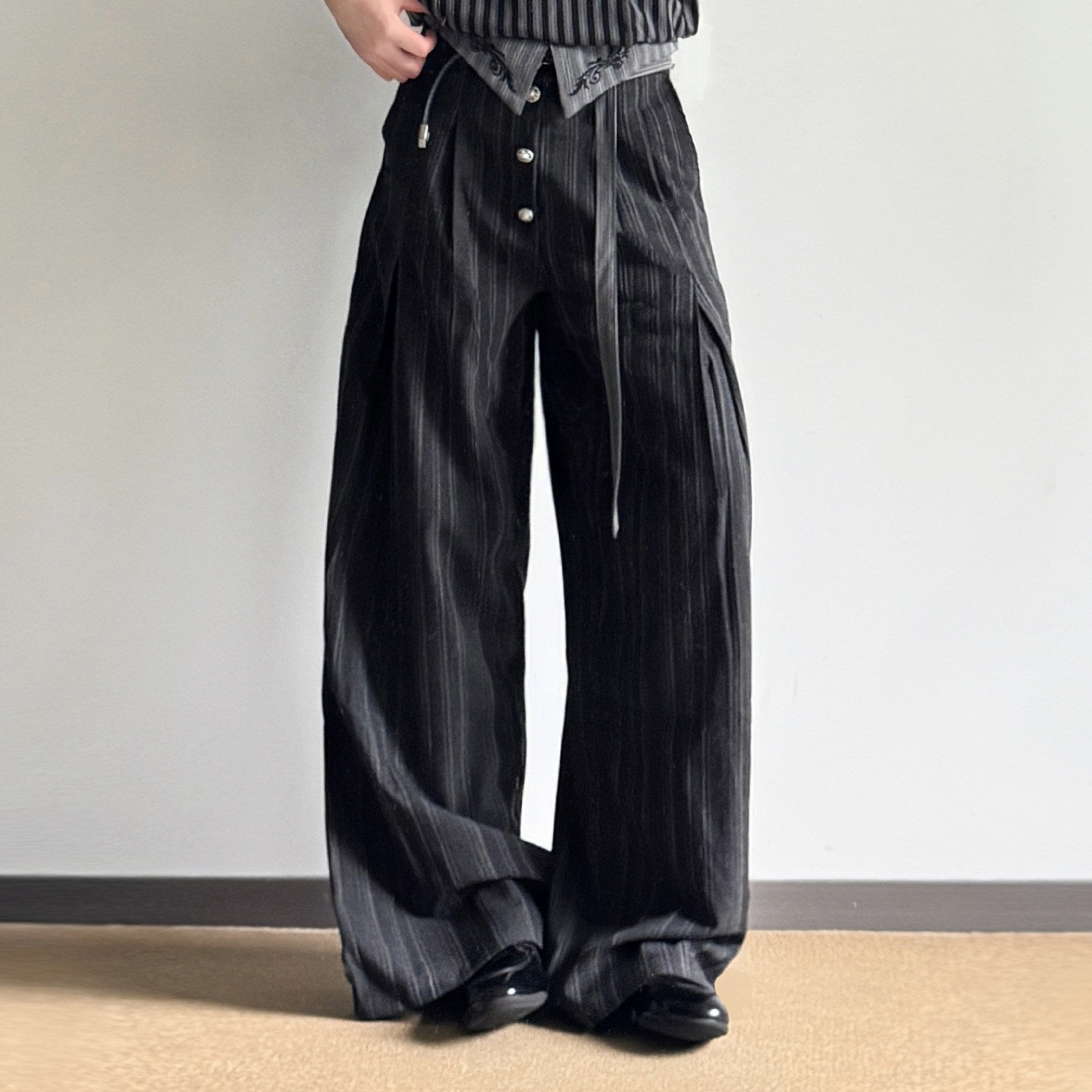 High-Waist Stripe Ribbon Wide Leg Pants WN27013