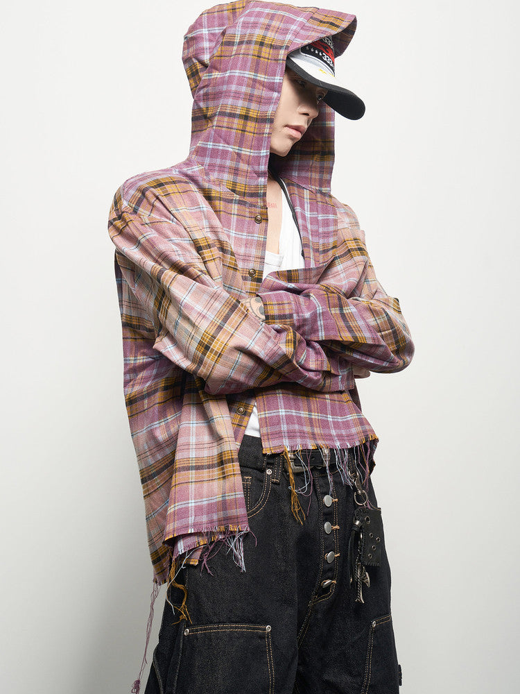 Gradient Plaid Hooded Long Sleeve Shirt WN22935