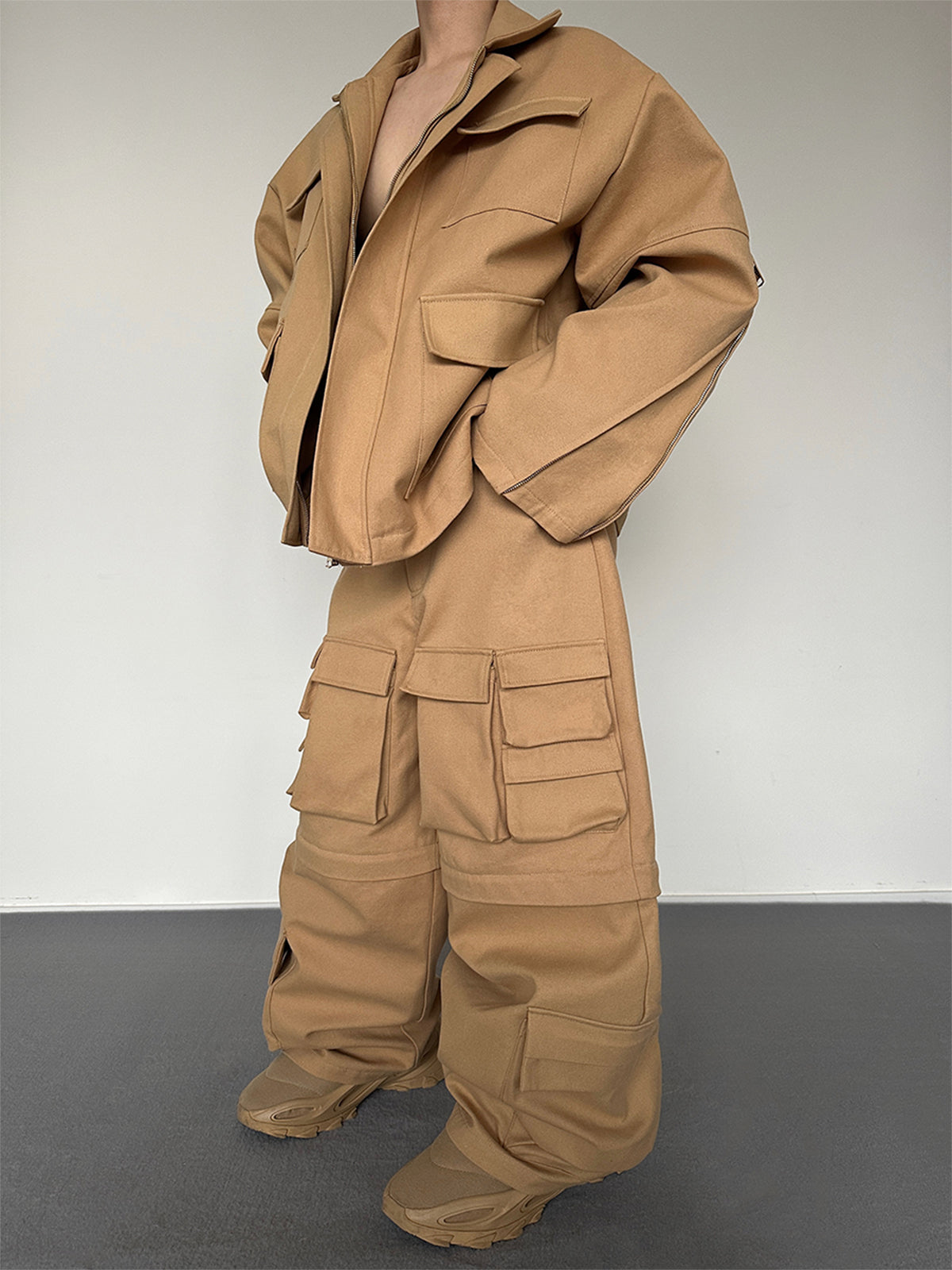 Heavyweight Canvas Oversize Jacket & Detachable Wide-Leg Cargo Pants Setup WN15149