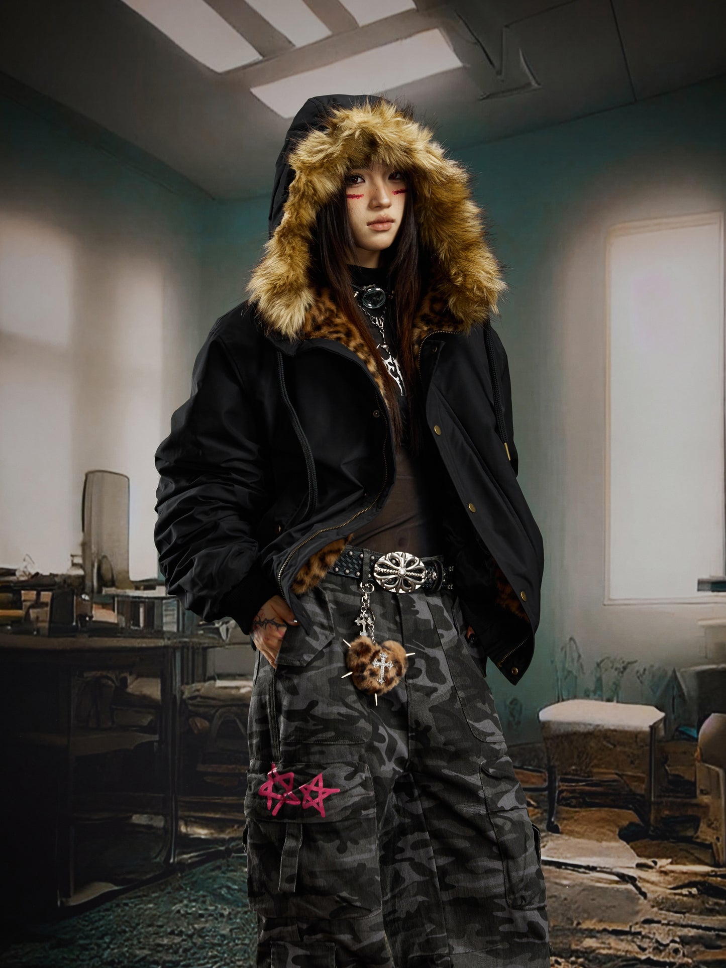 Leopard Fake Fur Hooded Padded Jacket WN22735