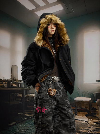 Leopard Fake Fur Hooded Padded Jacket WN22735