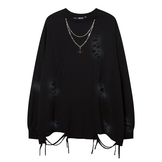 Plain Damage Necklace Long Sleeve T-Shirt WN11214