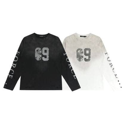 Washed Number Print Damage Long Sleeve T-Shirt WN25386