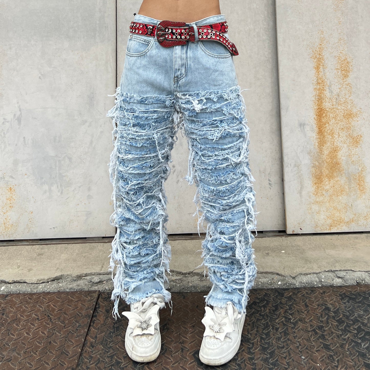 Washed Heavy Detail Fringe Straight Denim Jeans WN24094