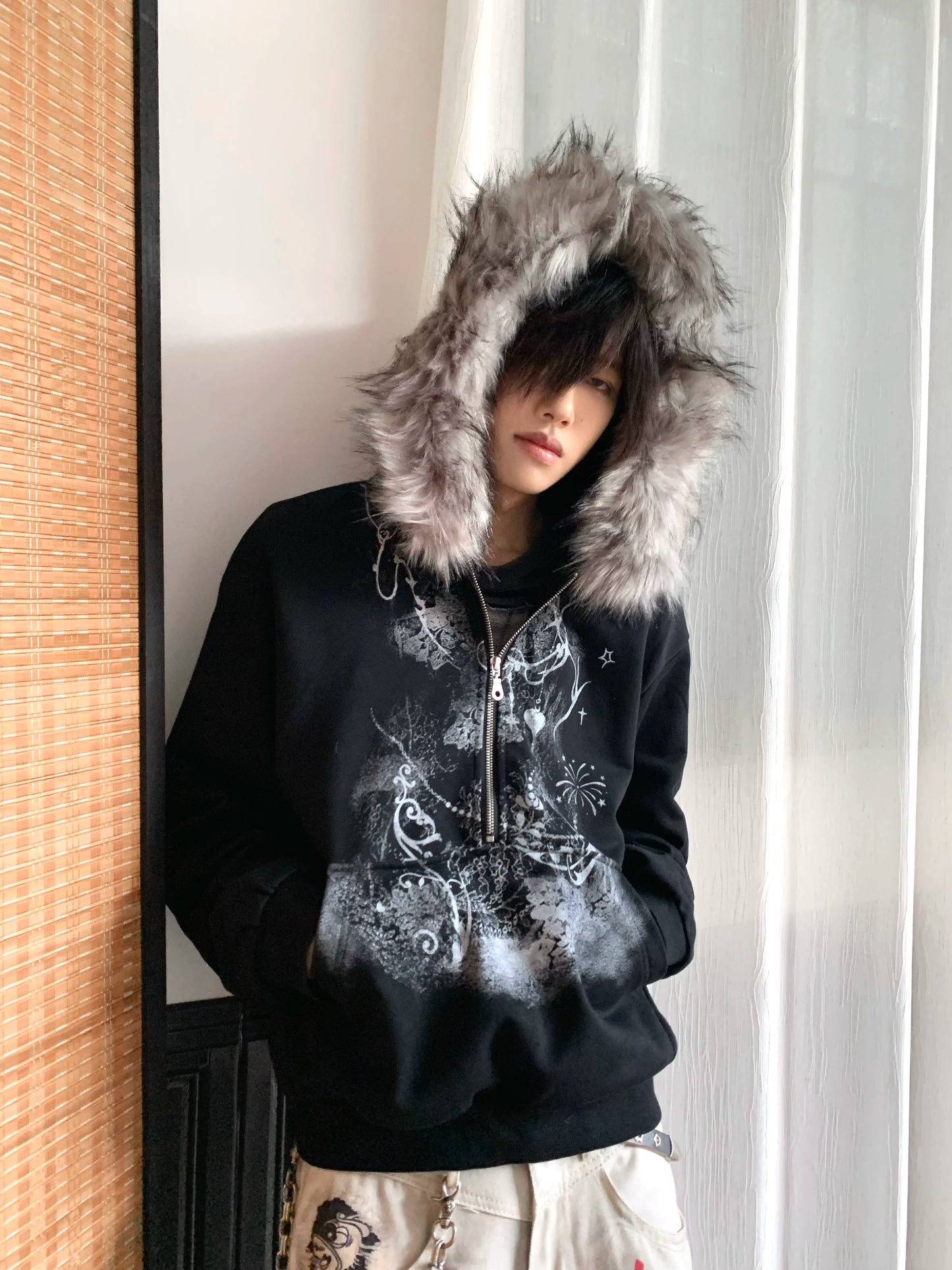 Half-Zip Fake Fur-Collar Art Print Hoodie WN22207