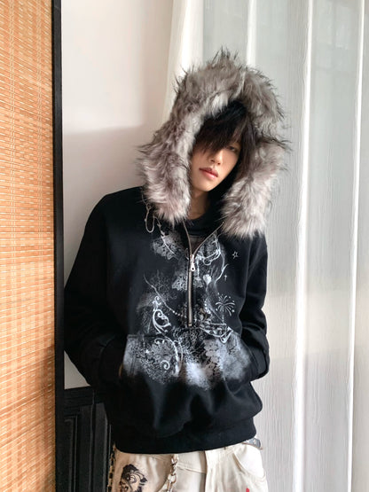 Half-Zip Fake Fur-Collar Art Print Hoodie WN22207