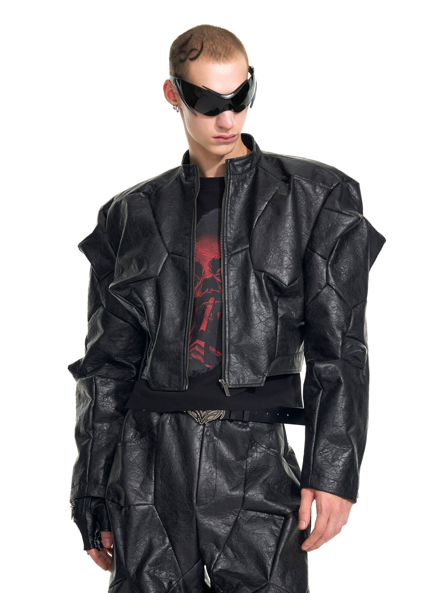 Deconstruction PU Leather Jacket & Wide Leg Pants Setup WN20949