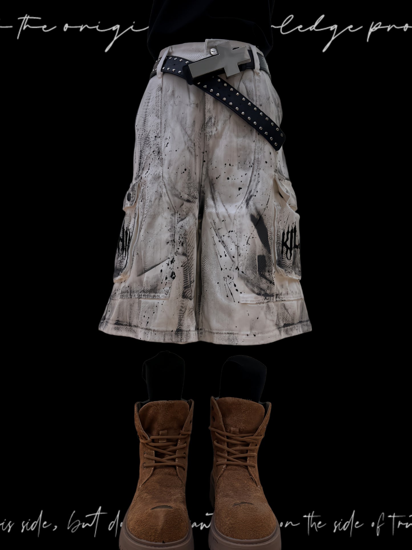 Paint Pocket Denim Cargo Denim Half Jeans & Skull Belt & Cross Belt & Belt Chain WN23797