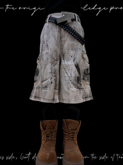 Paint Pocket Denim Cargo Denim Half Jeans & Skull Belt & Cross Belt & Belt Chain WN23797