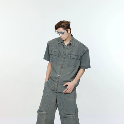 Oversize Denim Short Sleeve Shirt & Wide-Leg Cargo Denim Jeans Setup WN7321