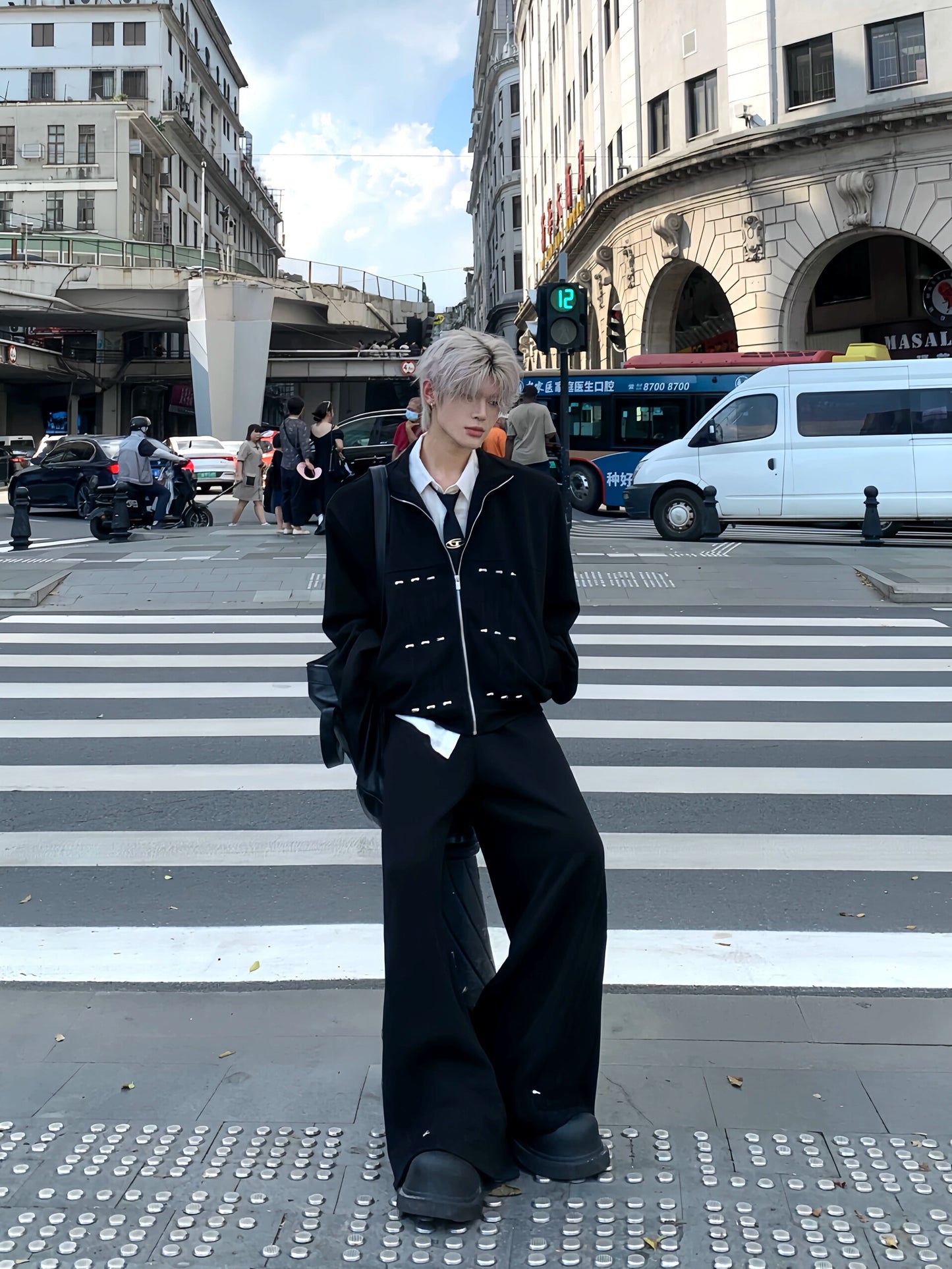 Shoulder-Pad Cropped Zipper Jacket & Wide Leg Jogger Pants Setup WN19903