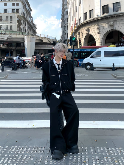 Shoulder-Pad Cropped Zipper Jacket & Wide Leg Jogger Pants Setup WN19903