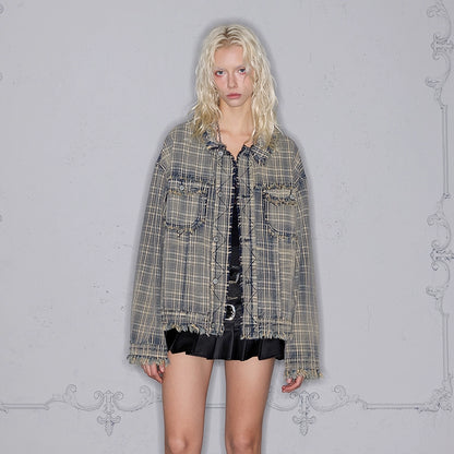 Washed Tassel Raw Edge Plaid Denim Jacket WN17851