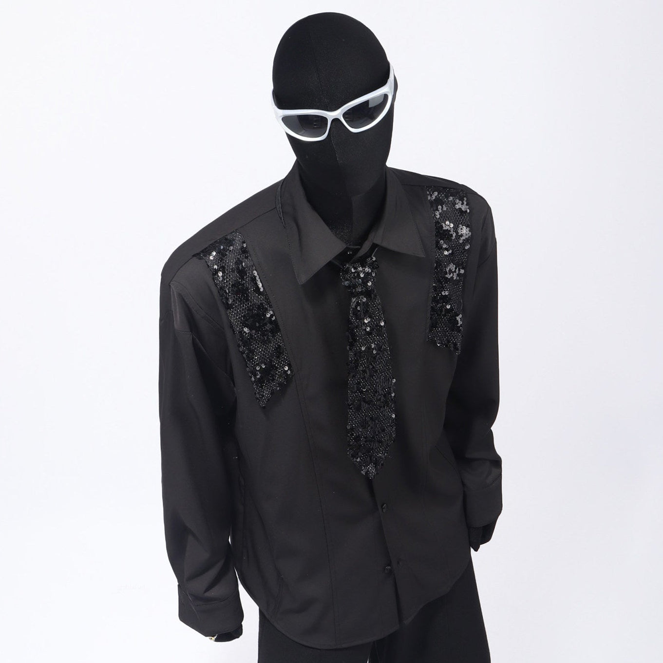 Sequin Design Tie Long Sleeve Shirt WN23741