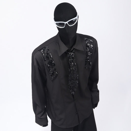 Sequin Design Tie Long Sleeve Shirt WN23741