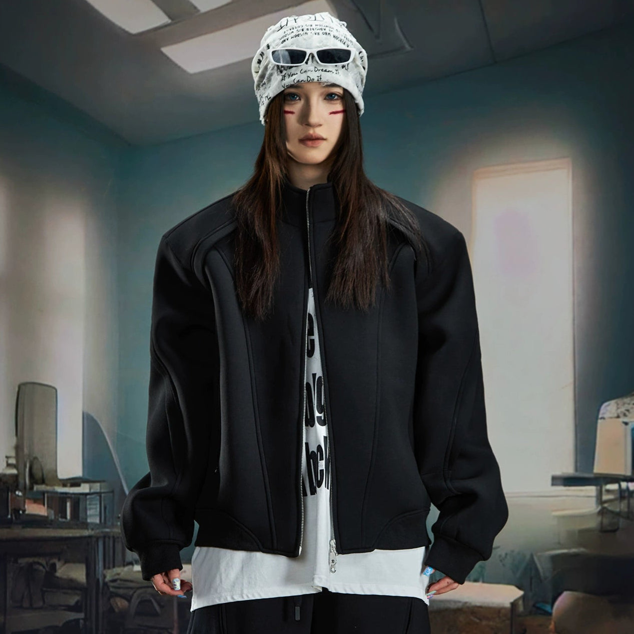 Deconstructed Oversize Zipper Stand Neck Jacket & Wide Leg Pants Setup WN20586