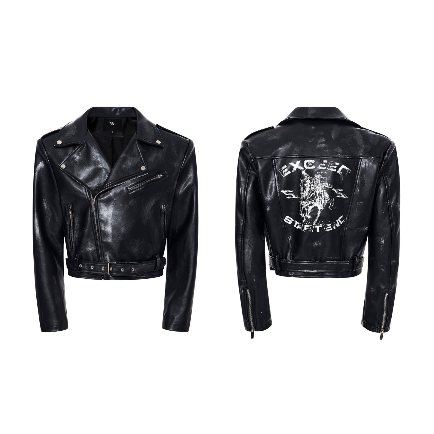 War Horse Print Damage Leather Jacket WN23278
