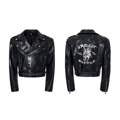 War Horse Print Damage Leather Jacket WN23278