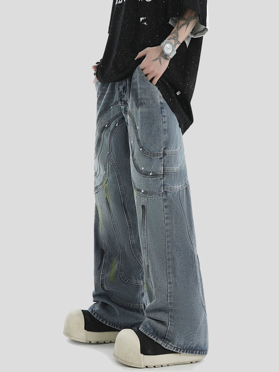 Splash Ink Pressed Wide-Leg Straight Denim Jeans WN7183