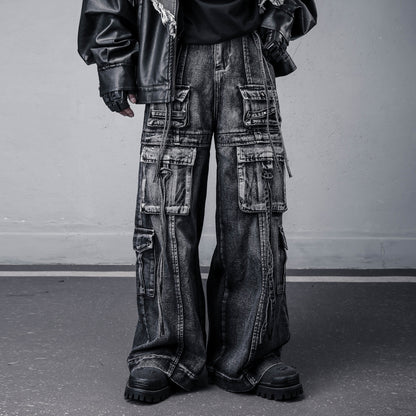 Damage Wash Studs Multi-Pocket Wide Leg Denim Jeans WN22540