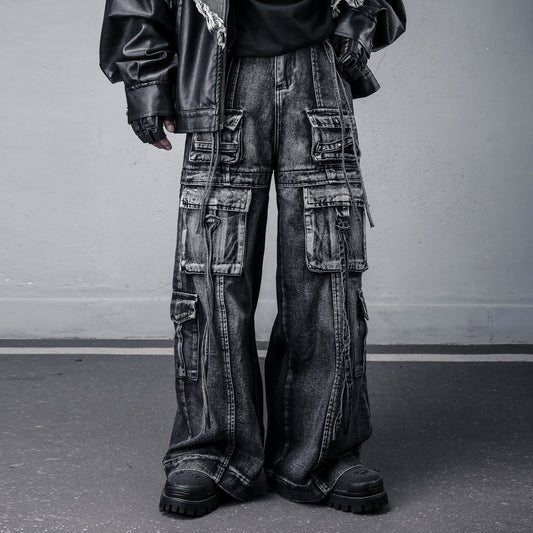 Damage Wash Studs Multi-Pocket Wide Leg Denim Jeans WN22540