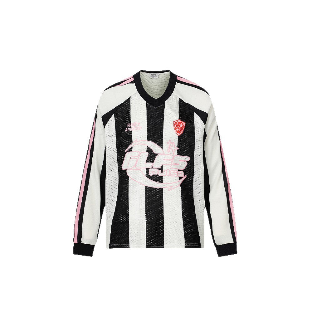 Sporty Mesh Striped V-Neck Long Sleeve T-Shirt WN26466